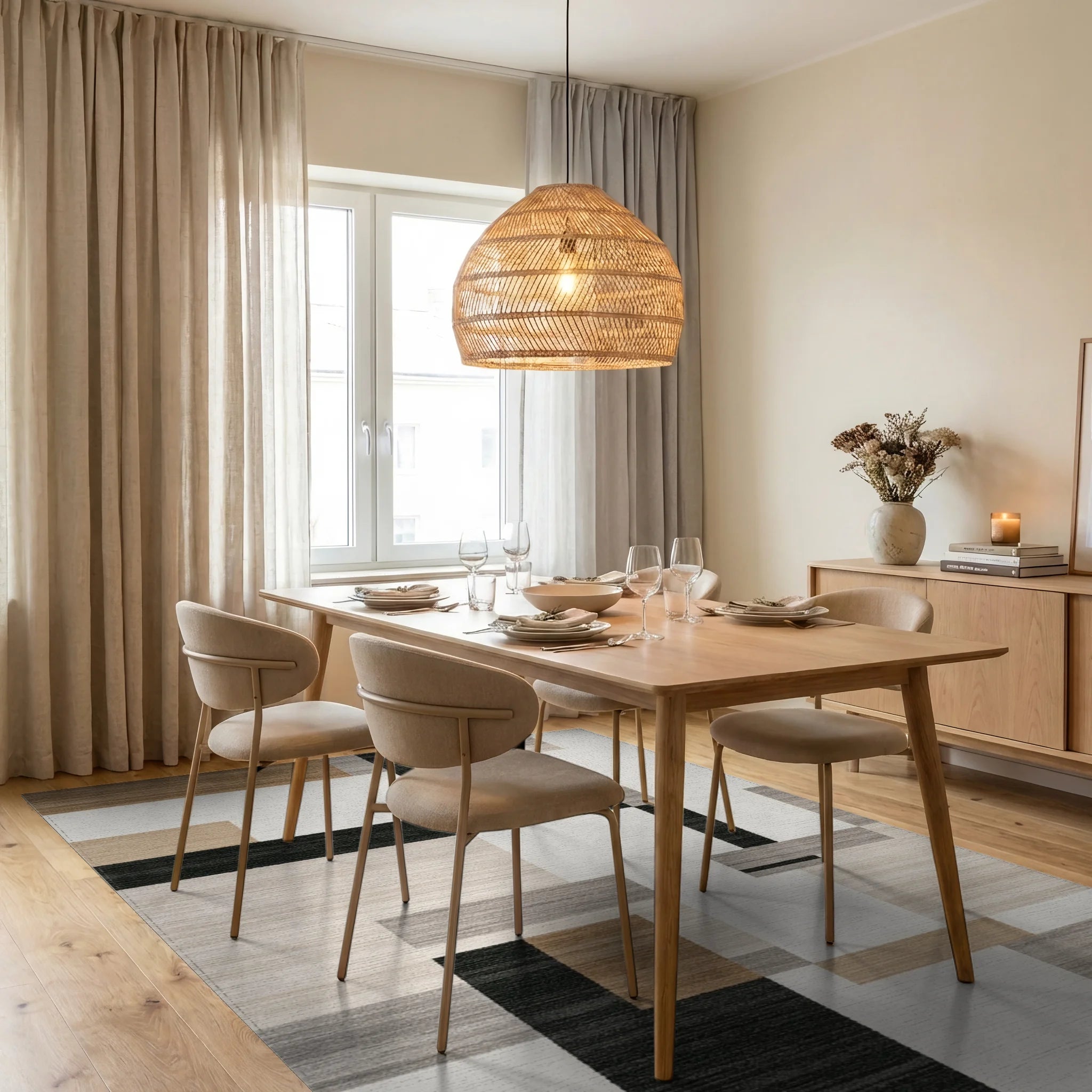 Abstract Tan Gray Black Blocks Rug - Dining Room View