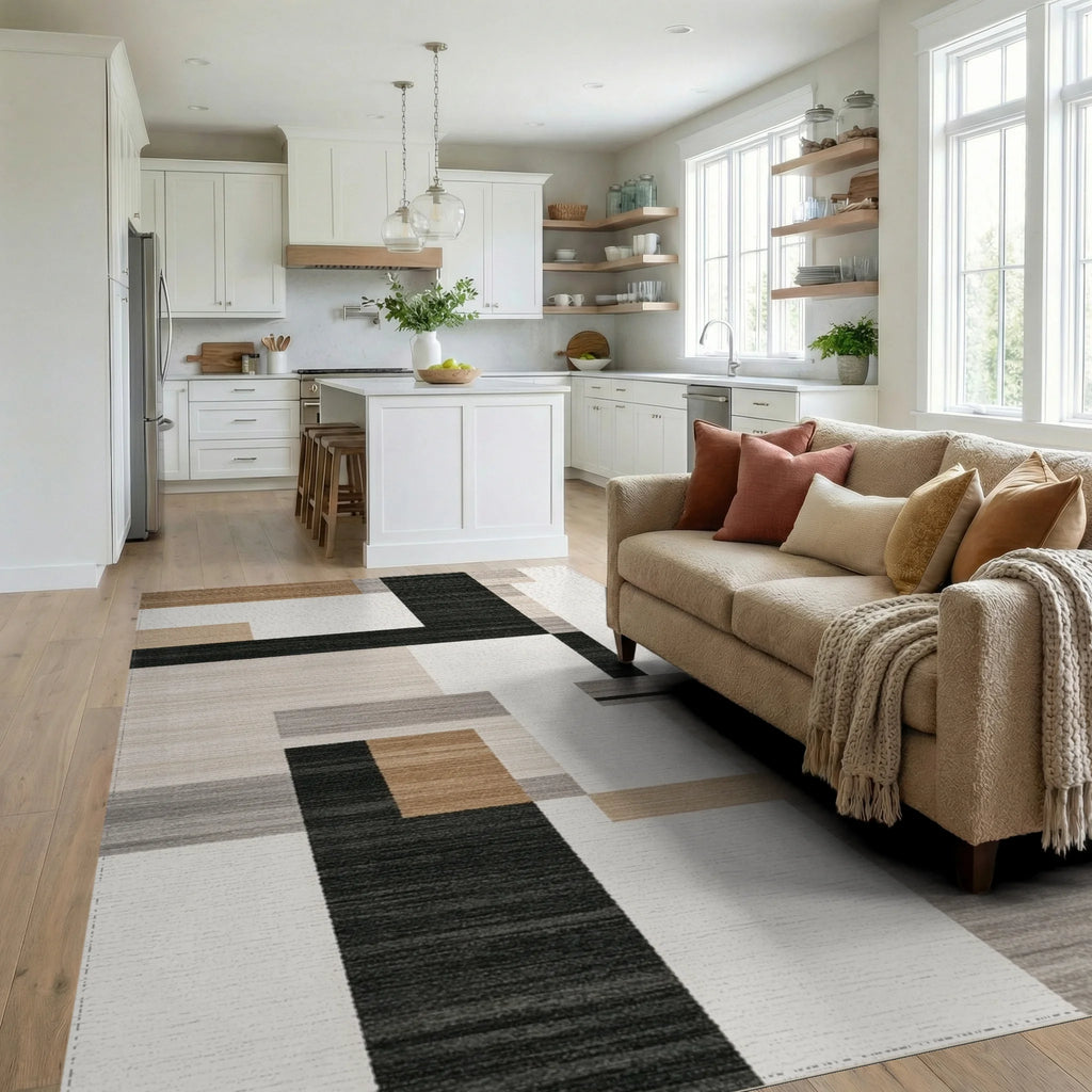 Abstract Tan Gray Black Blocks Rug - Living Room View