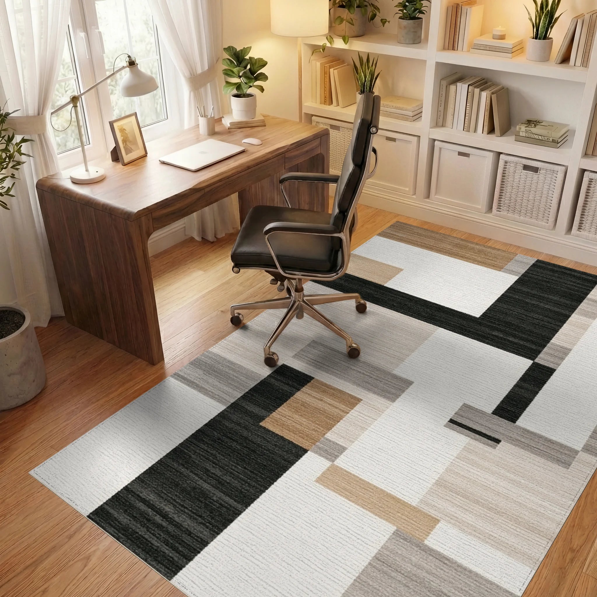 Abstract Tan Gray Black Blocks Rug - Office View