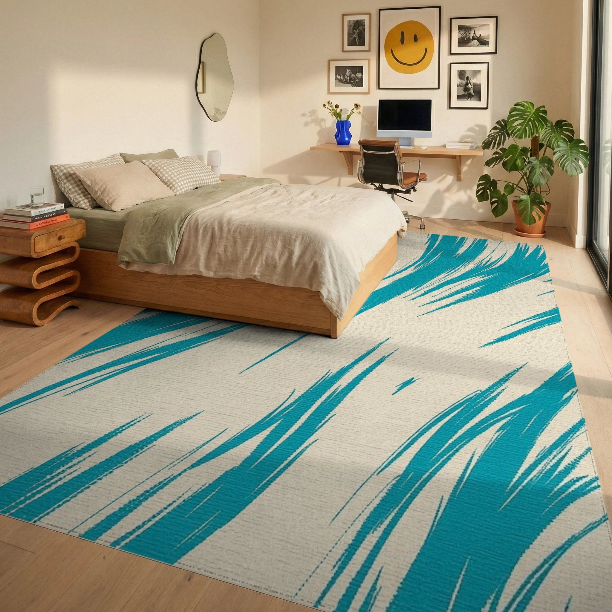 Abstract Teal Brush Stroke Pattern Rug Bedroom View