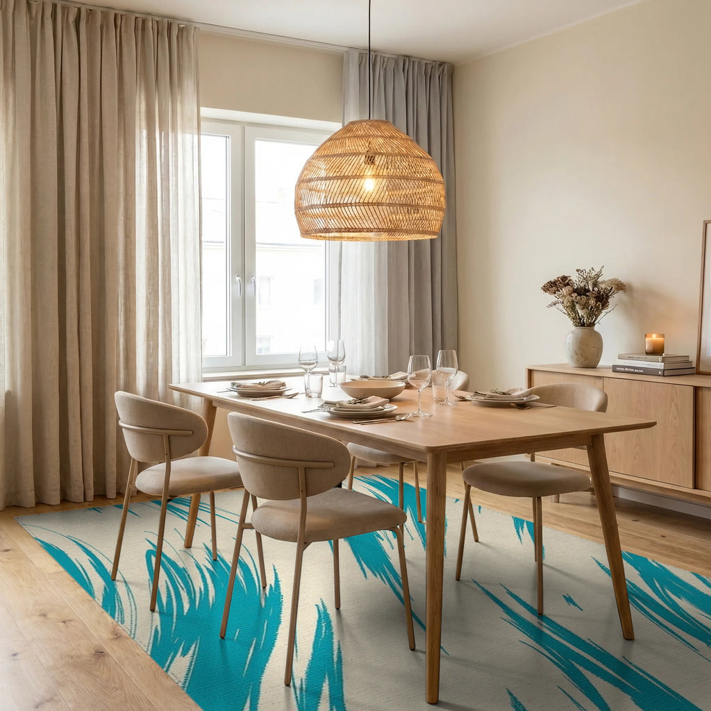 Abstract Teal Brush Stroke Pattern Rug Dining Room View
