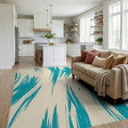 Abstract Teal Brush Stroke Pattern Rug Living Room View