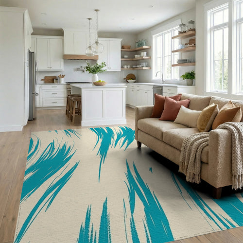 Abstract Teal Brush Stroke Pattern Rug Living Room View
