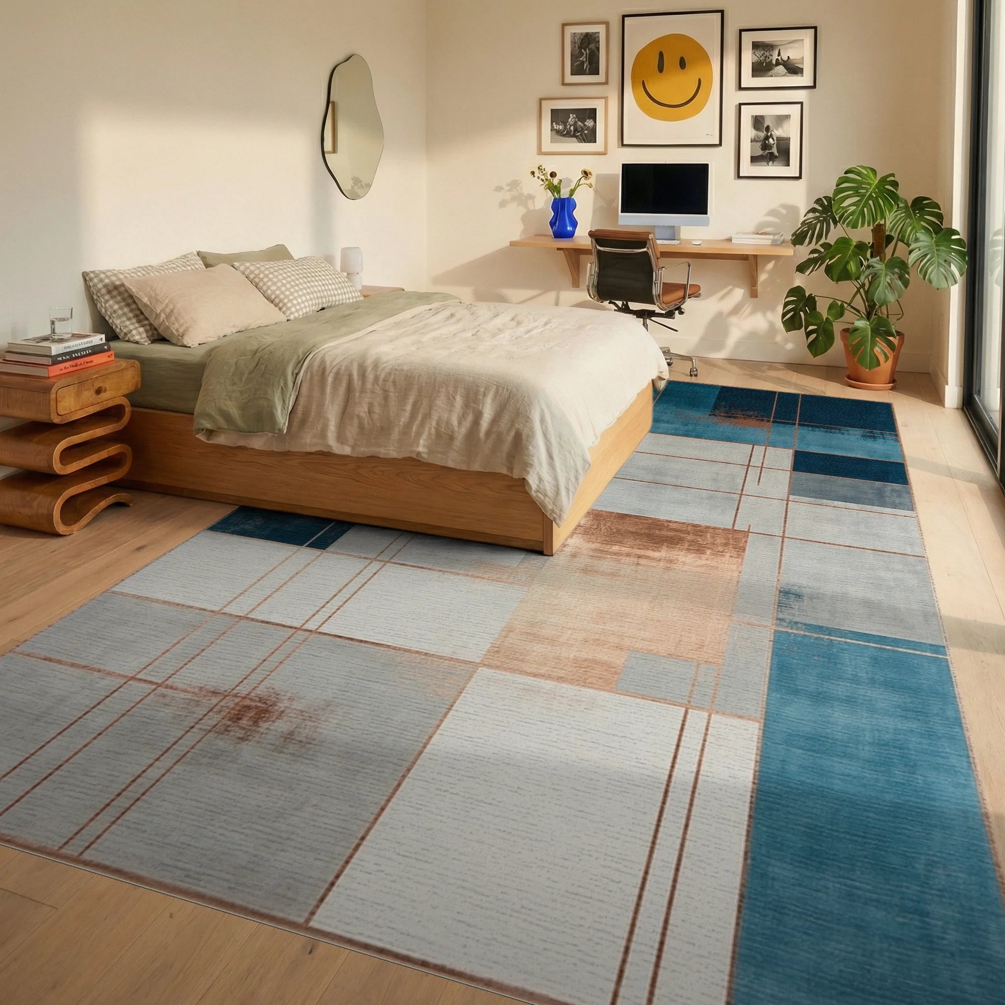 Abstract Teal Copper Geometric Design Rug - Bedroom View