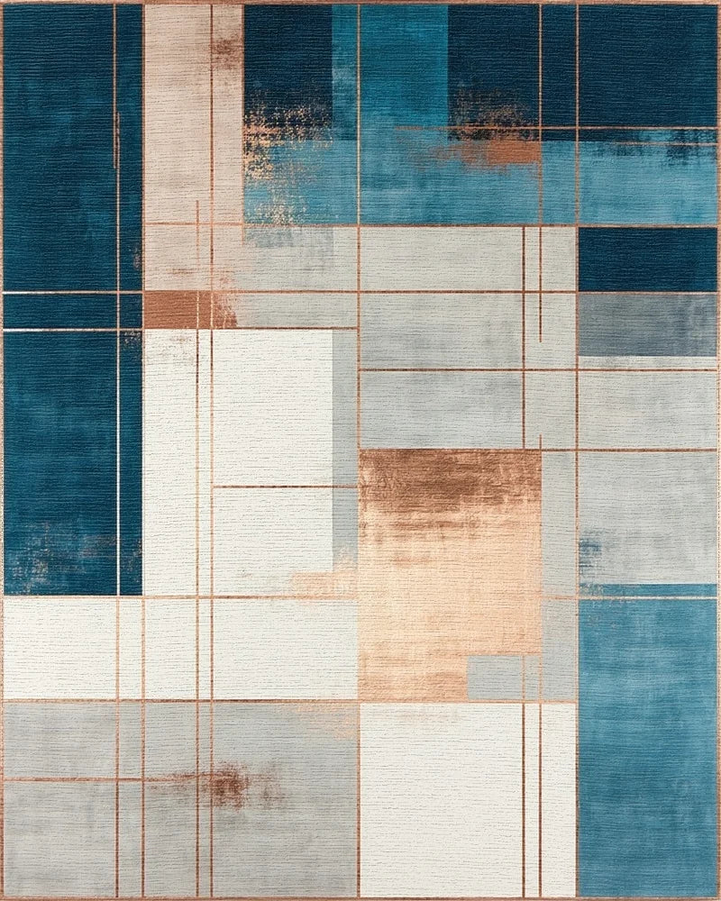 Abstract Teal Copper Geometric Design Rug - Cutout View