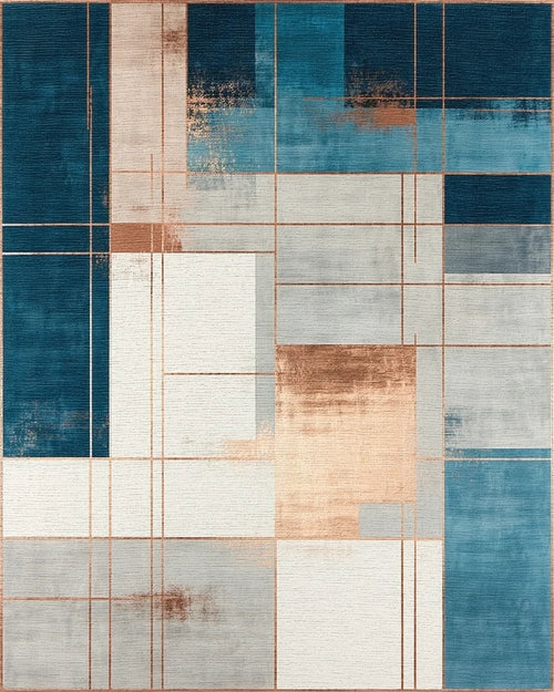 Abstract Teal Copper Geometric Design Rug - Cutout View