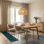 Abstract Teal Copper Geometric Design Rug - Dining Room View