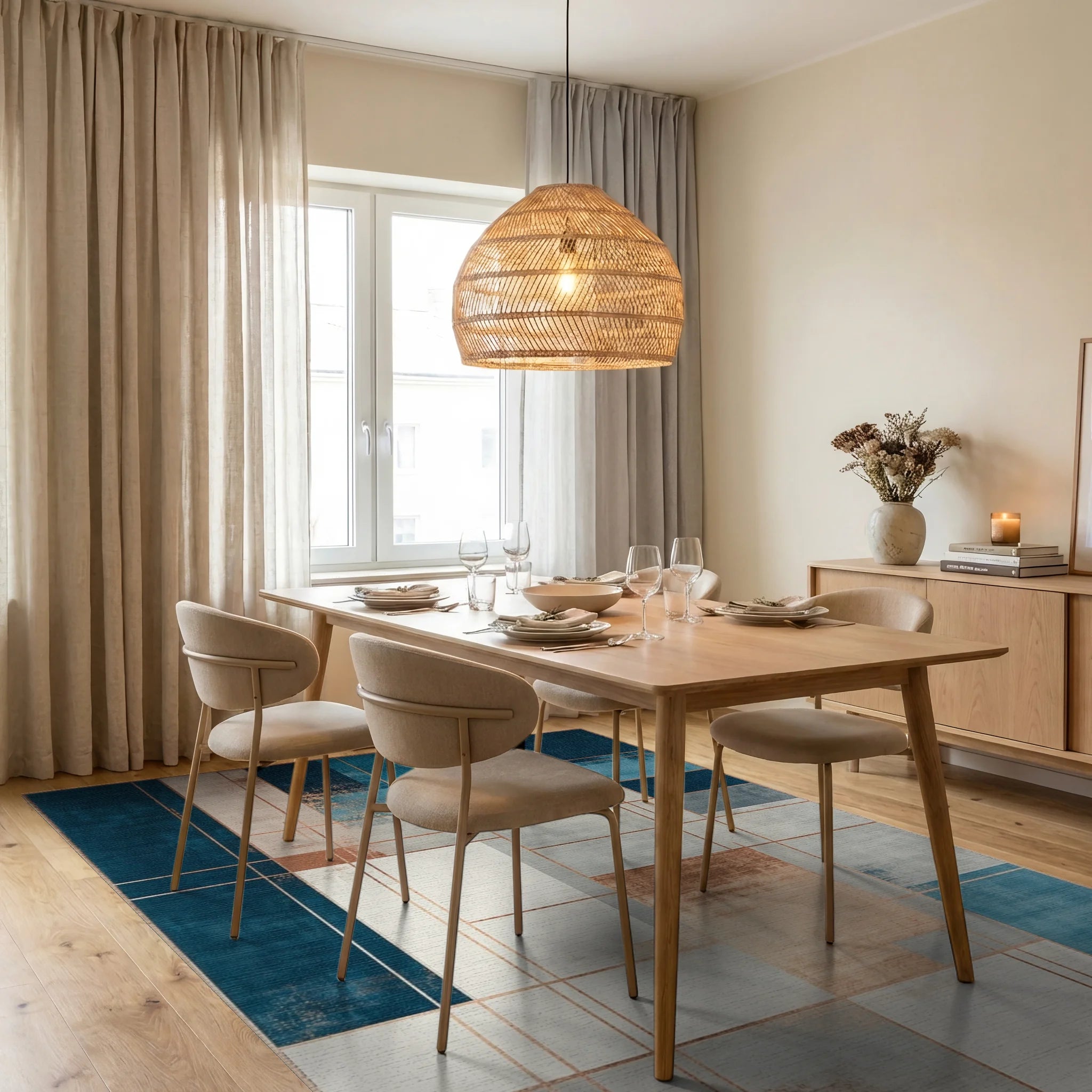 Abstract Teal Copper Geometric Design Rug - Dining Room View