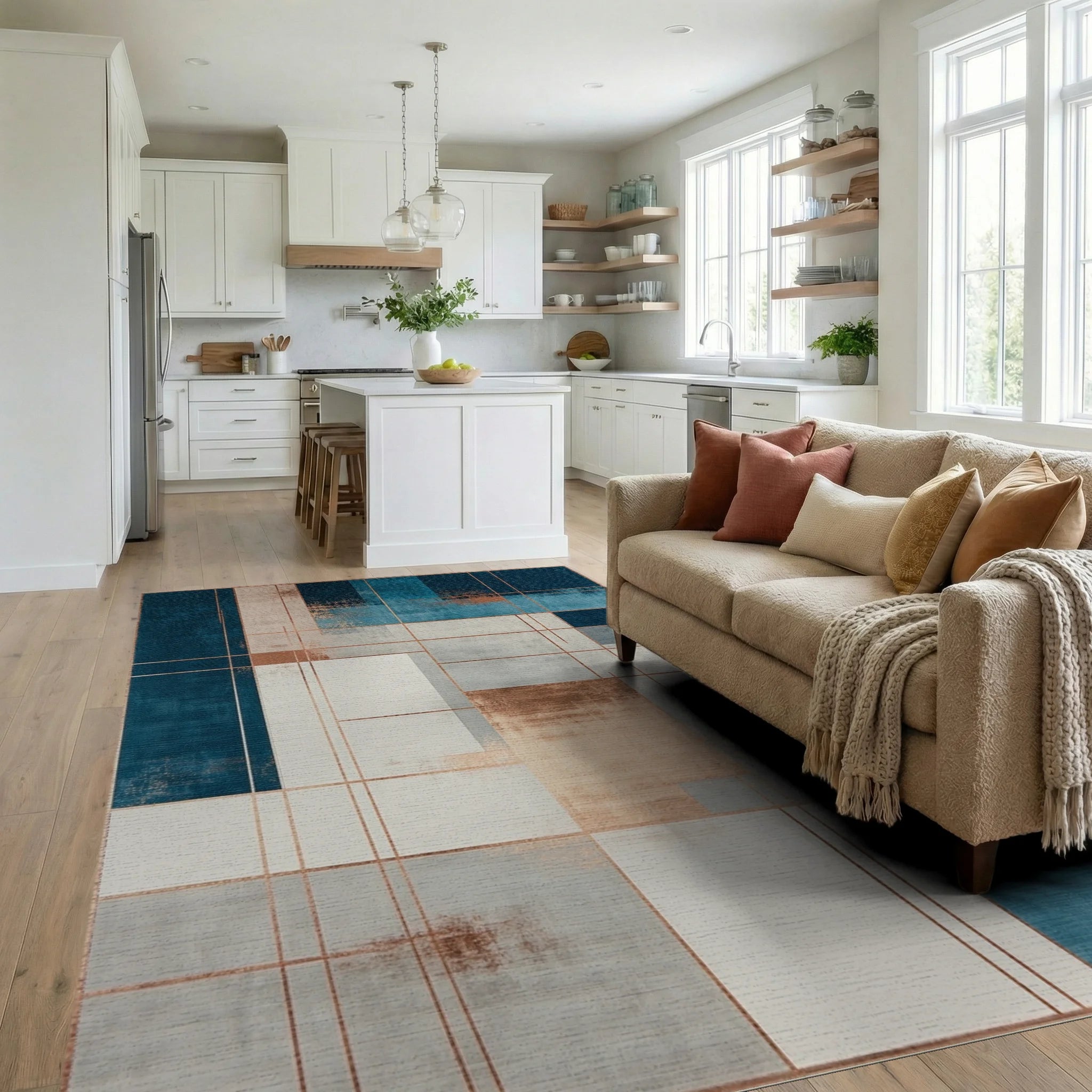 Abstract Teal Copper Geometric Design Rug - Living Room View