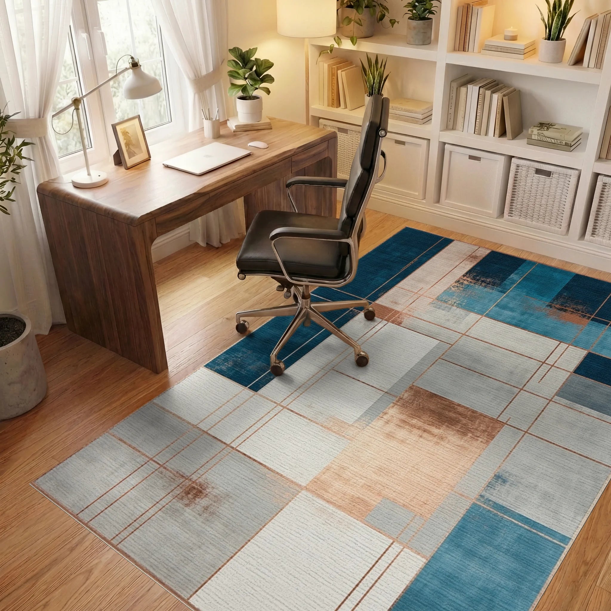 Abstract Teal Copper Geometric Design Rug - Office View
