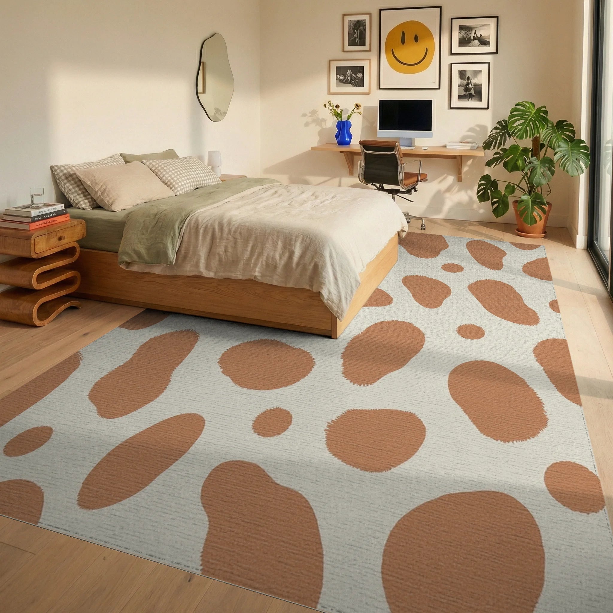 Abstract Terracotta Organic Spotted Rug Bedroom View