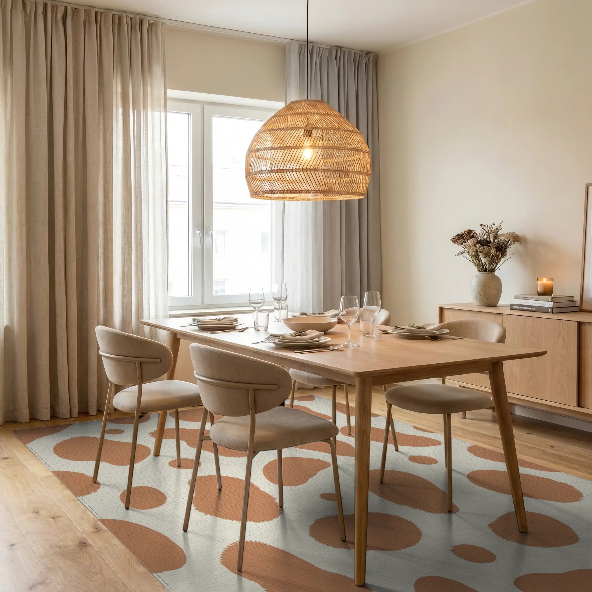Abstract Terracotta Organic Spotted Rug Dining Room View