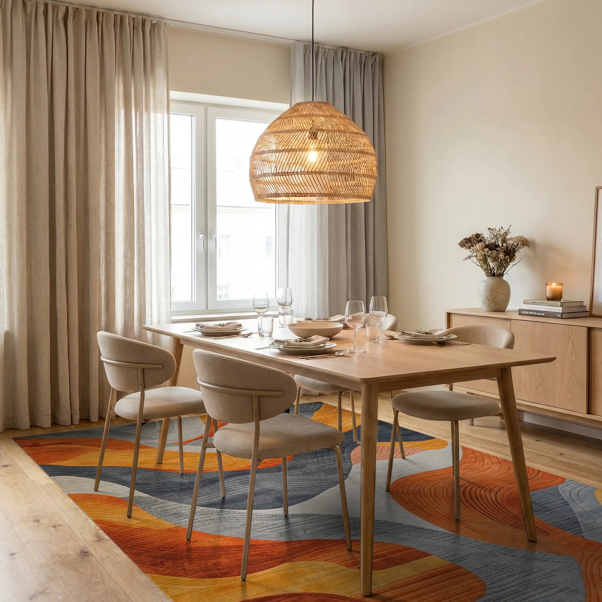 Abstract Wave Modern Gradient Rug - Dining Room View