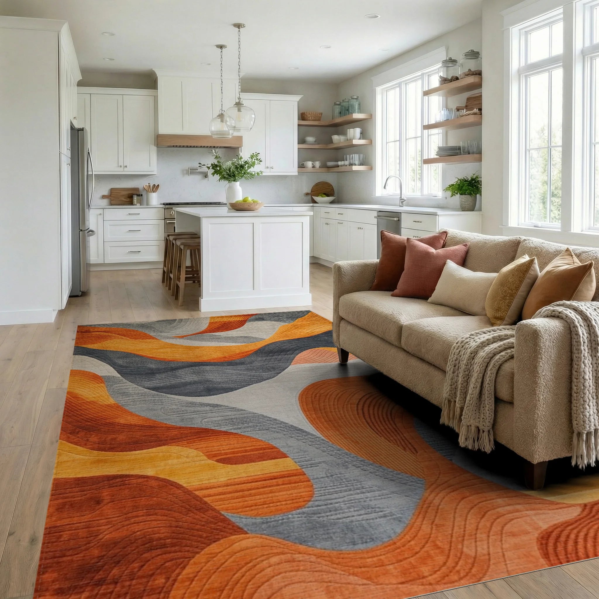 Abstract Wave Modern Gradient Rug - Living Room View