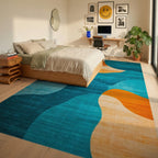 Abstract Wave Teal Orange Pattern Rug - Bedroom View
