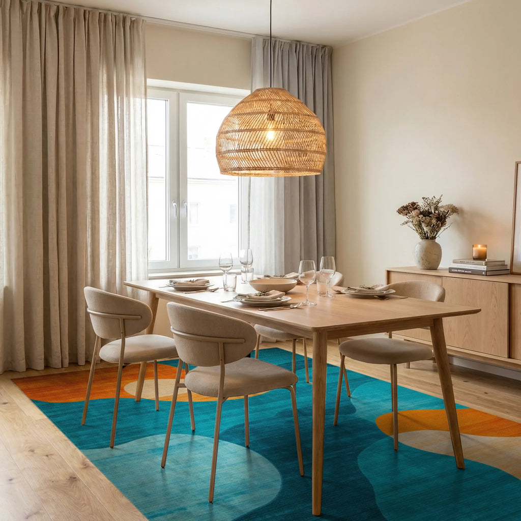Abstract Wave Teal Orange Pattern Rug - Dining Room View
