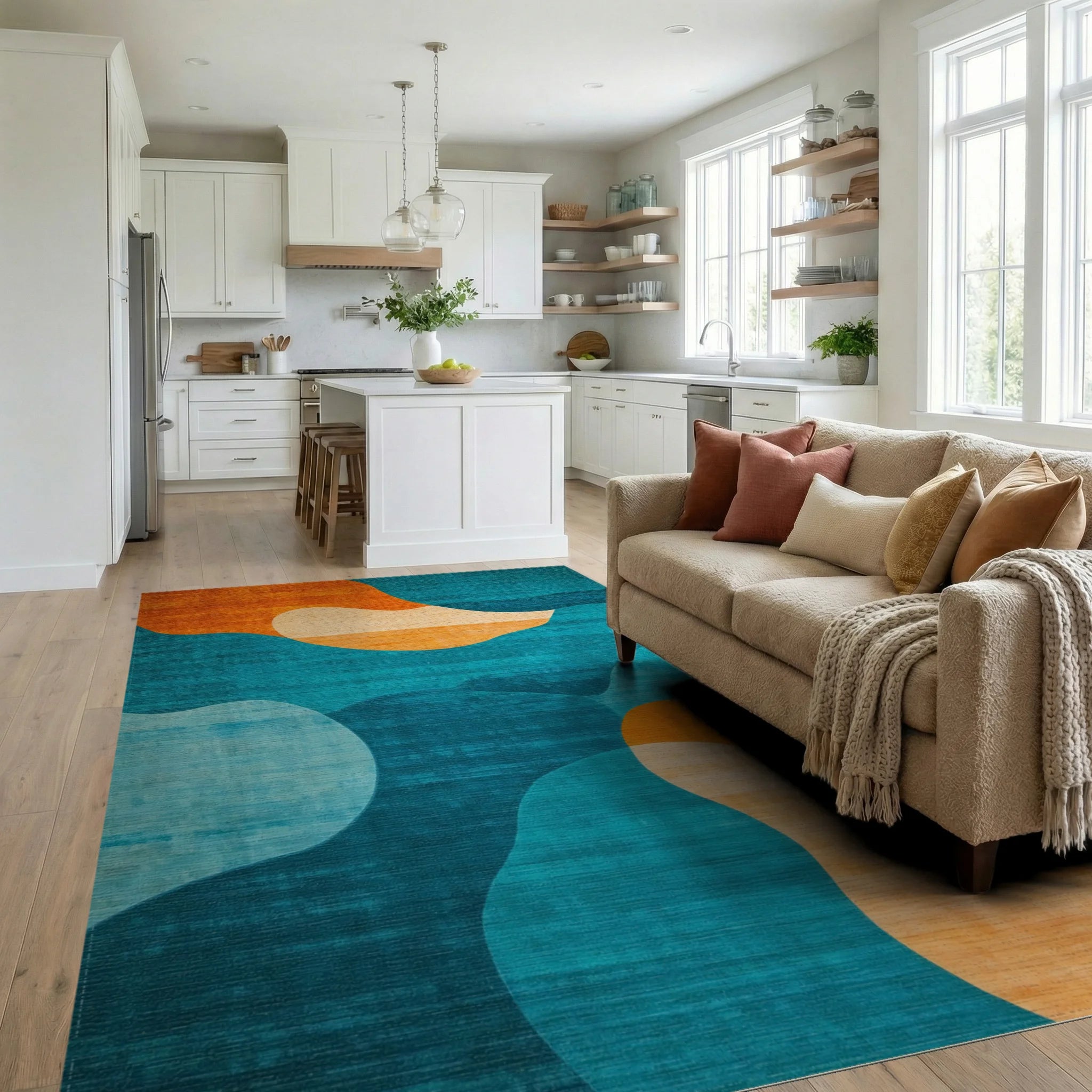 Abstract Wave Teal Orange Pattern Rug - Living Room View