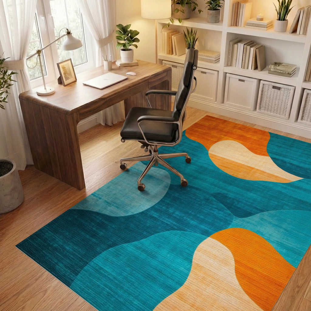 Abstract Wave Teal Orange Pattern Rug - Office View