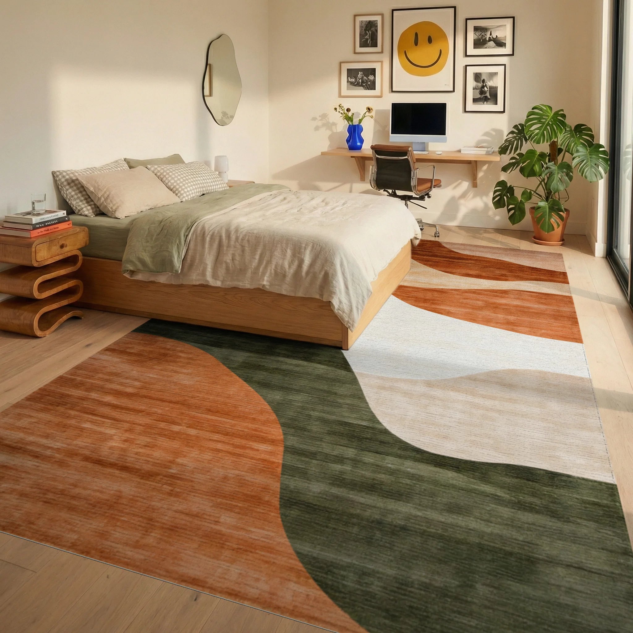 Abstract Wavy Earth Tones Design Rug - Bedroom View