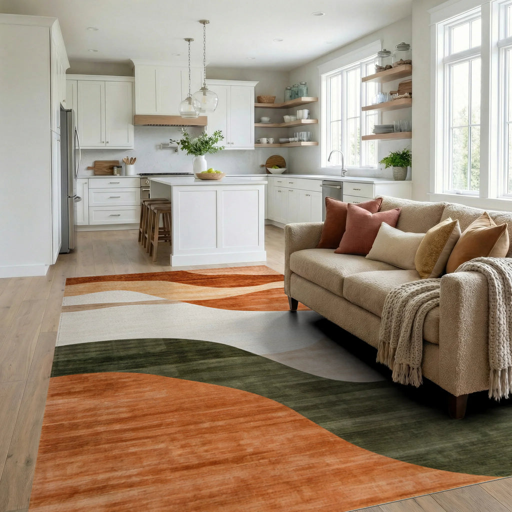 Abstract Wavy Earth Tones Design Rug - Living Room View