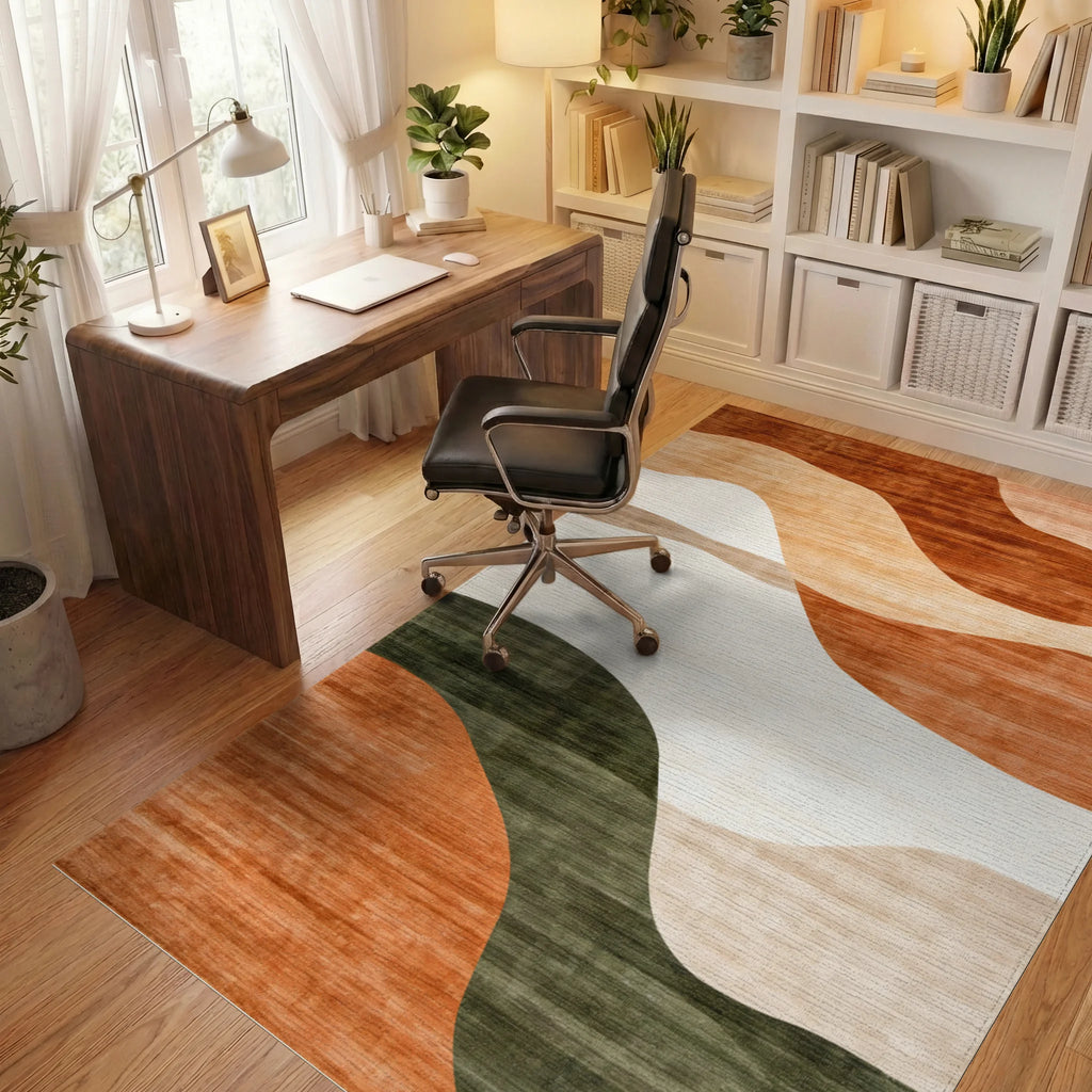Abstract Wavy Earth Tones Design Rug - Office View