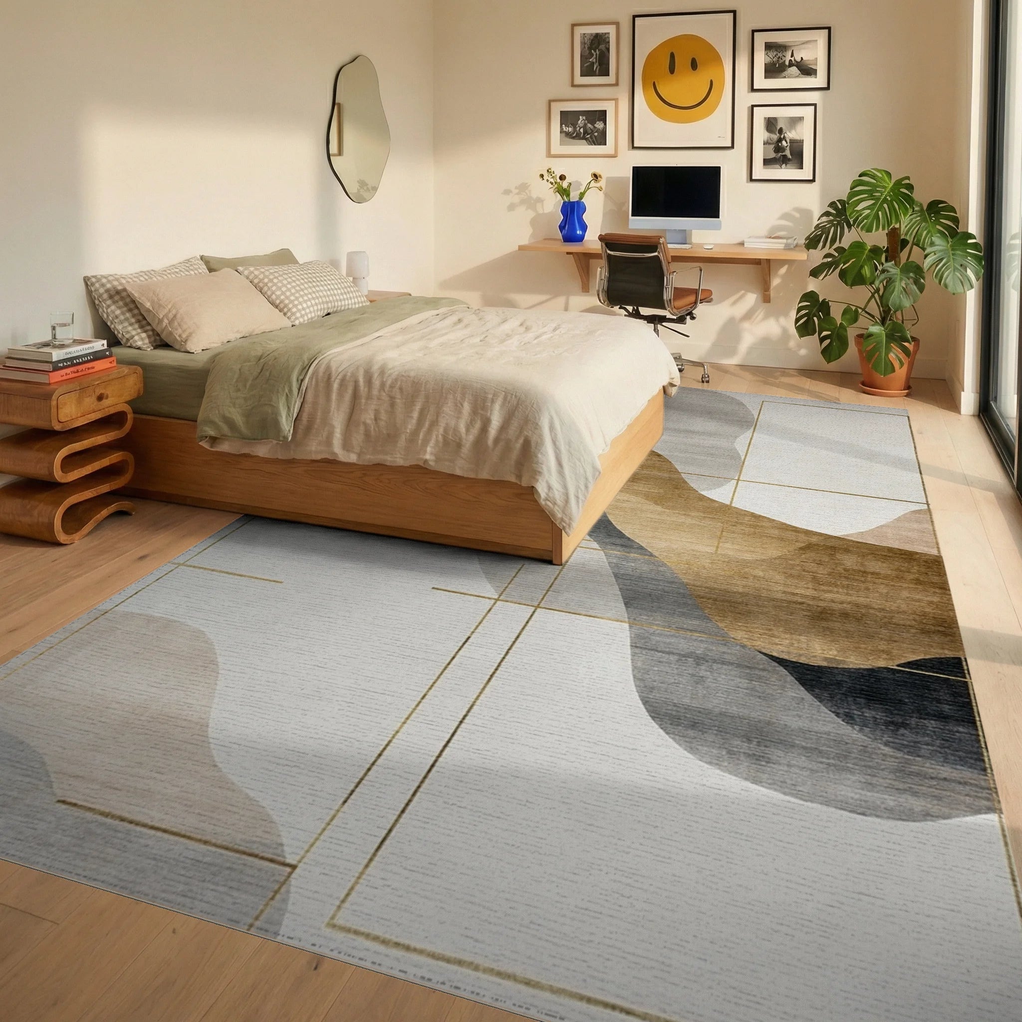 Abstract Wavy Gold Lines Rug - Bedroom View