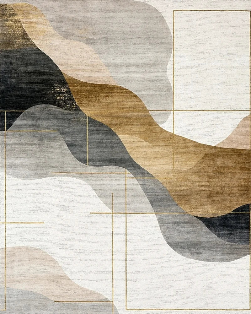 Abstract Wavy Gold Lines Rug - Cutout View