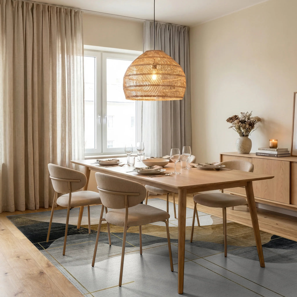 Abstract Wavy Gold Lines Rug - Dining Room View