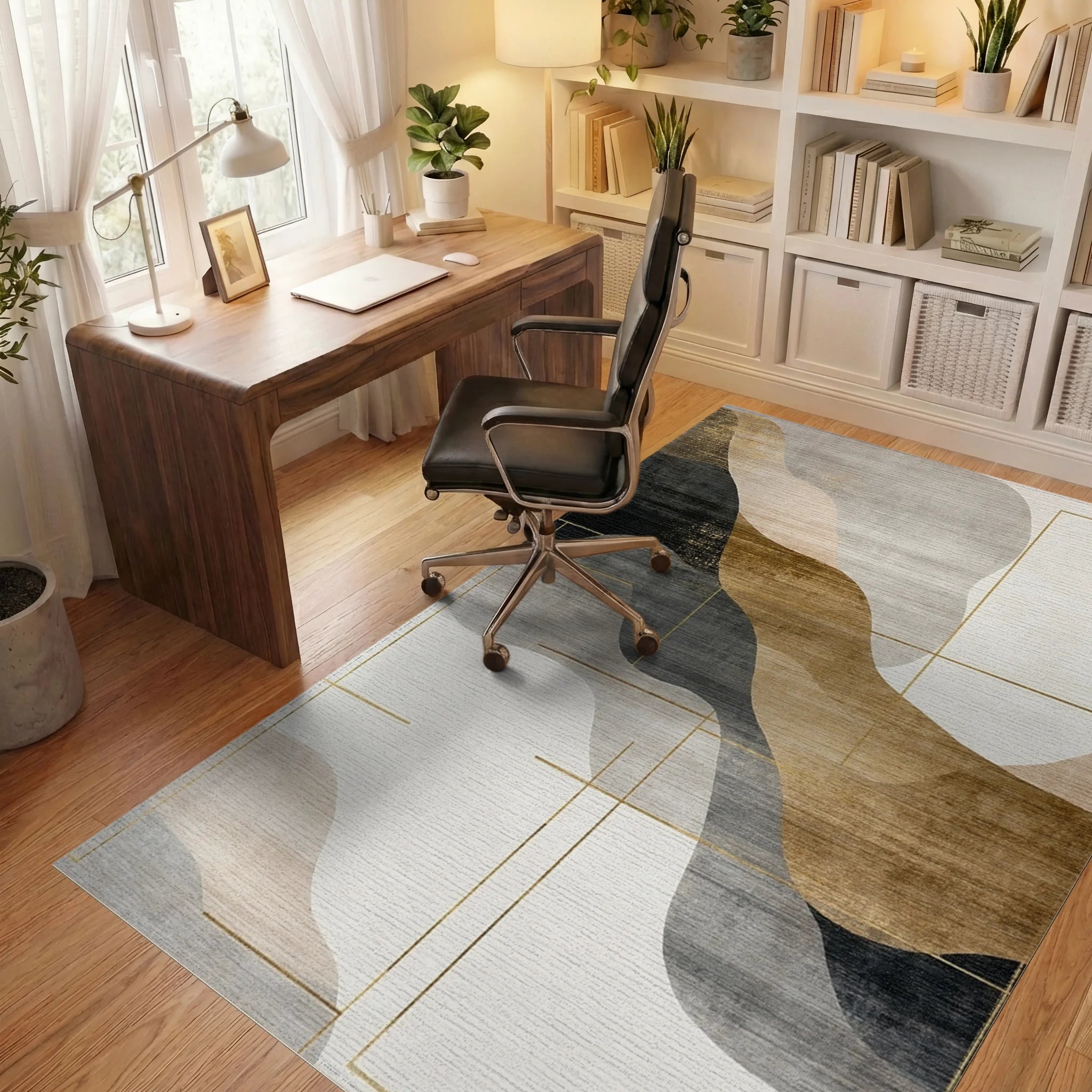 Abstract Wavy Gold Lines Rug - Office View