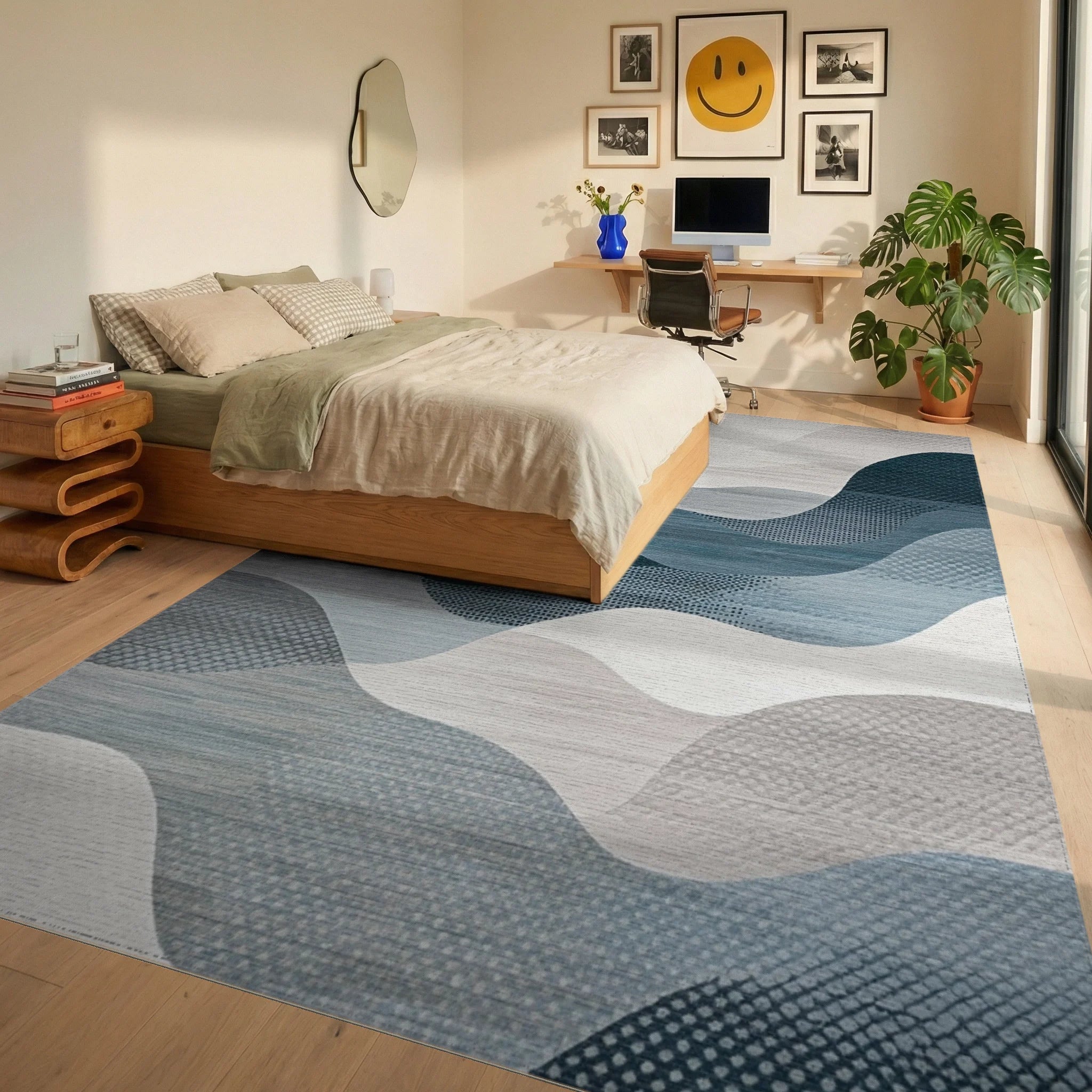 Abstract Wavy Teal Gray Landscape Rug - Bedroom View