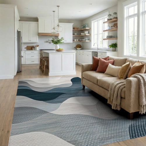 Abstract Wavy Teal Gray Landscape Rug - Living Room View
