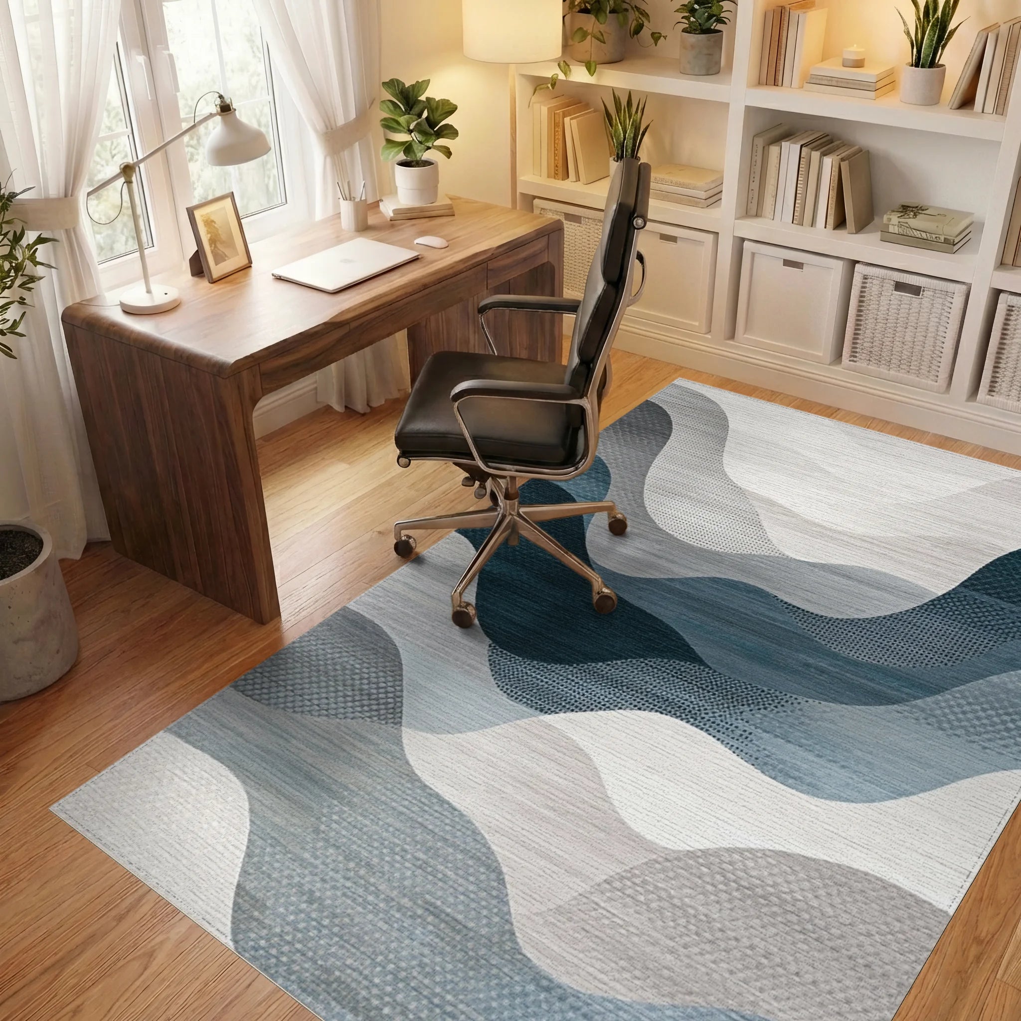 Abstract Wavy Teal Gray Landscape Rug - Office View