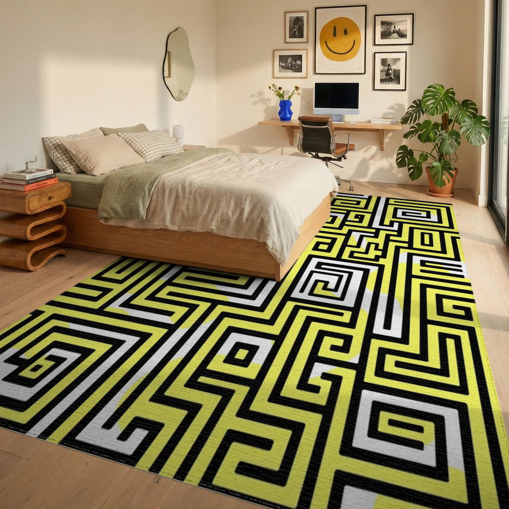 Abstract Yellow Black Maze Pattern Rug Bedroom View