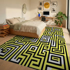 Abstract Yellow Black Maze Pattern Rug Bedroom View