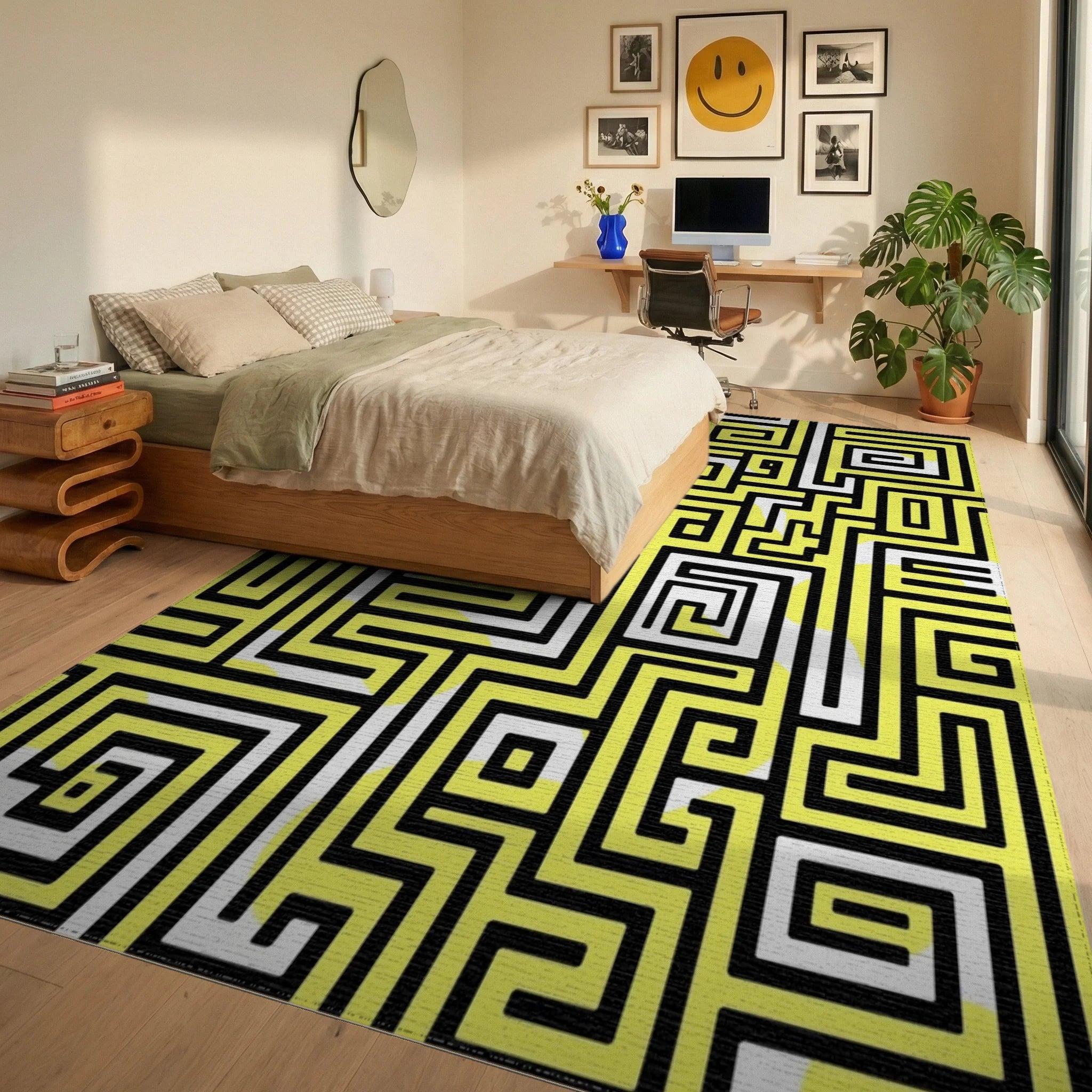 Abstract Yellow Black Maze Pattern Rug Bedroom View