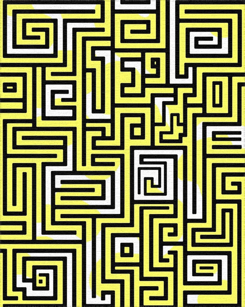 Abstract Yellow Black Maze Pattern Rug - Cutout View