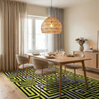 Abstract Yellow Black Maze Pattern Rug Dining Room View