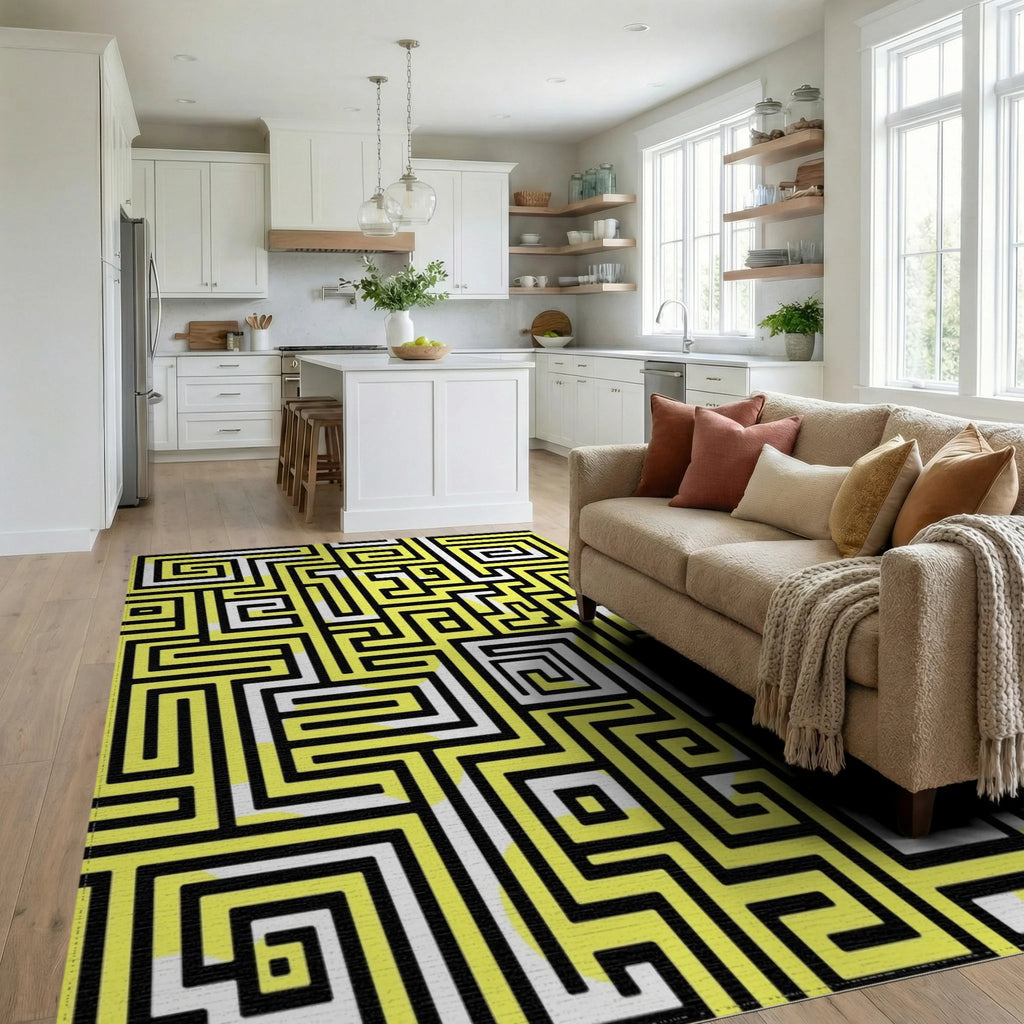 Abstract Yellow Black Maze Pattern Rug Living Room View