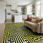 Abstract Yellow Black Maze Pattern Rug Living Room View