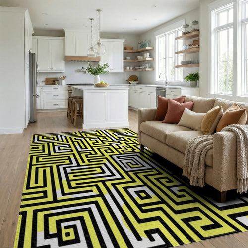 Abstract Yellow Black Maze Pattern Rug Living Room View