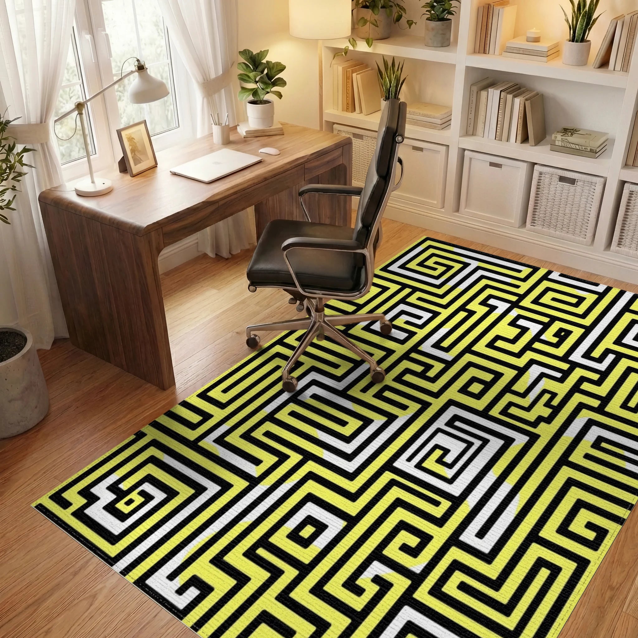 Abstract Yellow Black Maze Pattern Rug Office View