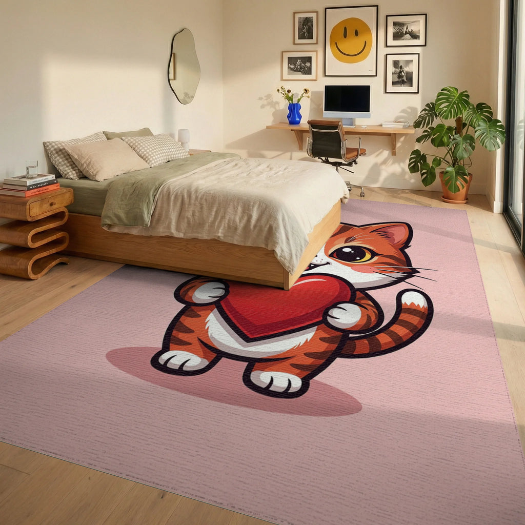 Adorable Orange Tabby Holding Red Heart Rug Bedroom View