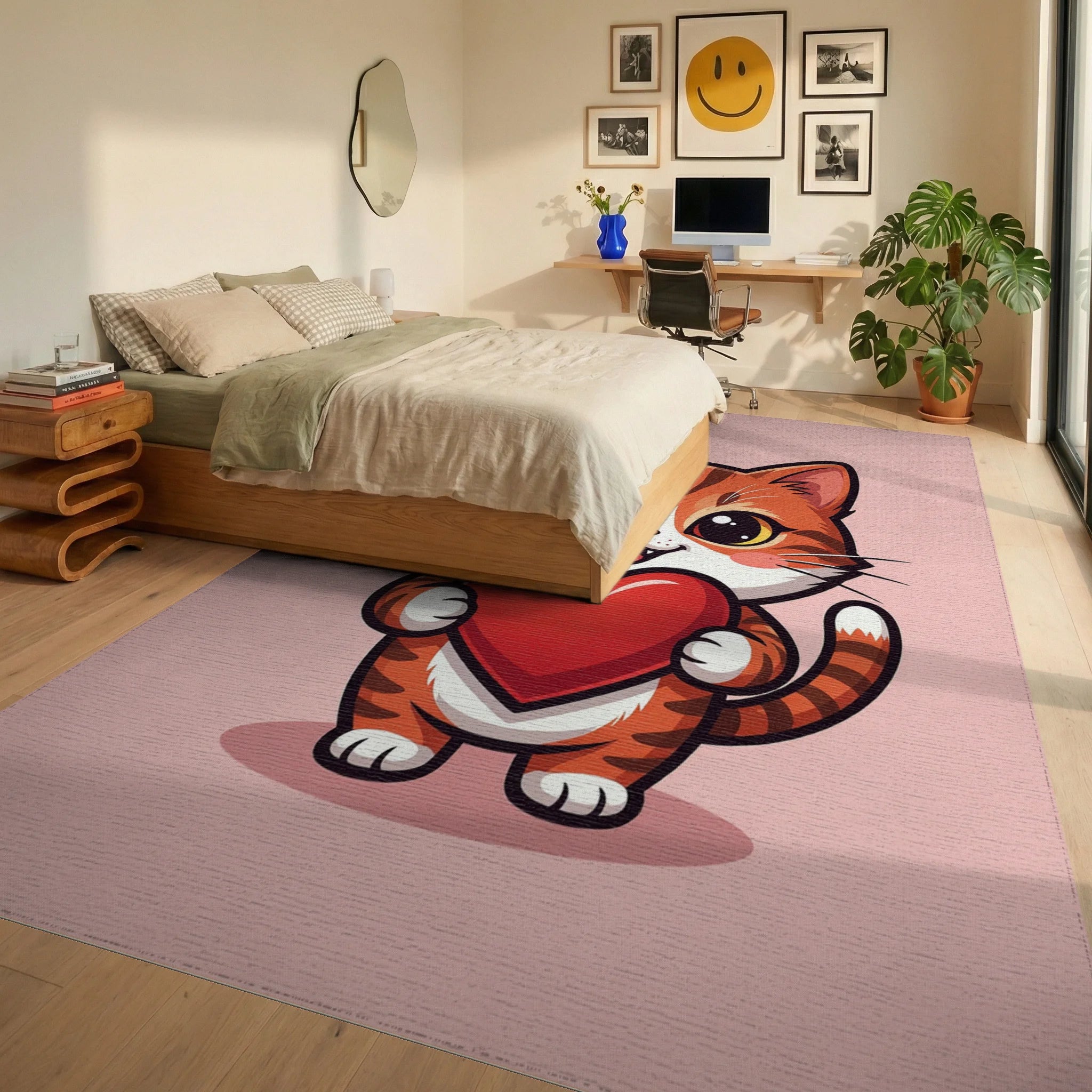 Adorable Orange Tabby Holding Red Heart Rug Bedroom View