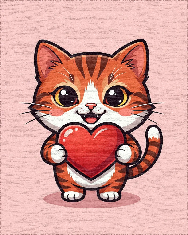 Adorable Orange Tabby Holding Red Heart Rug - Cutout View