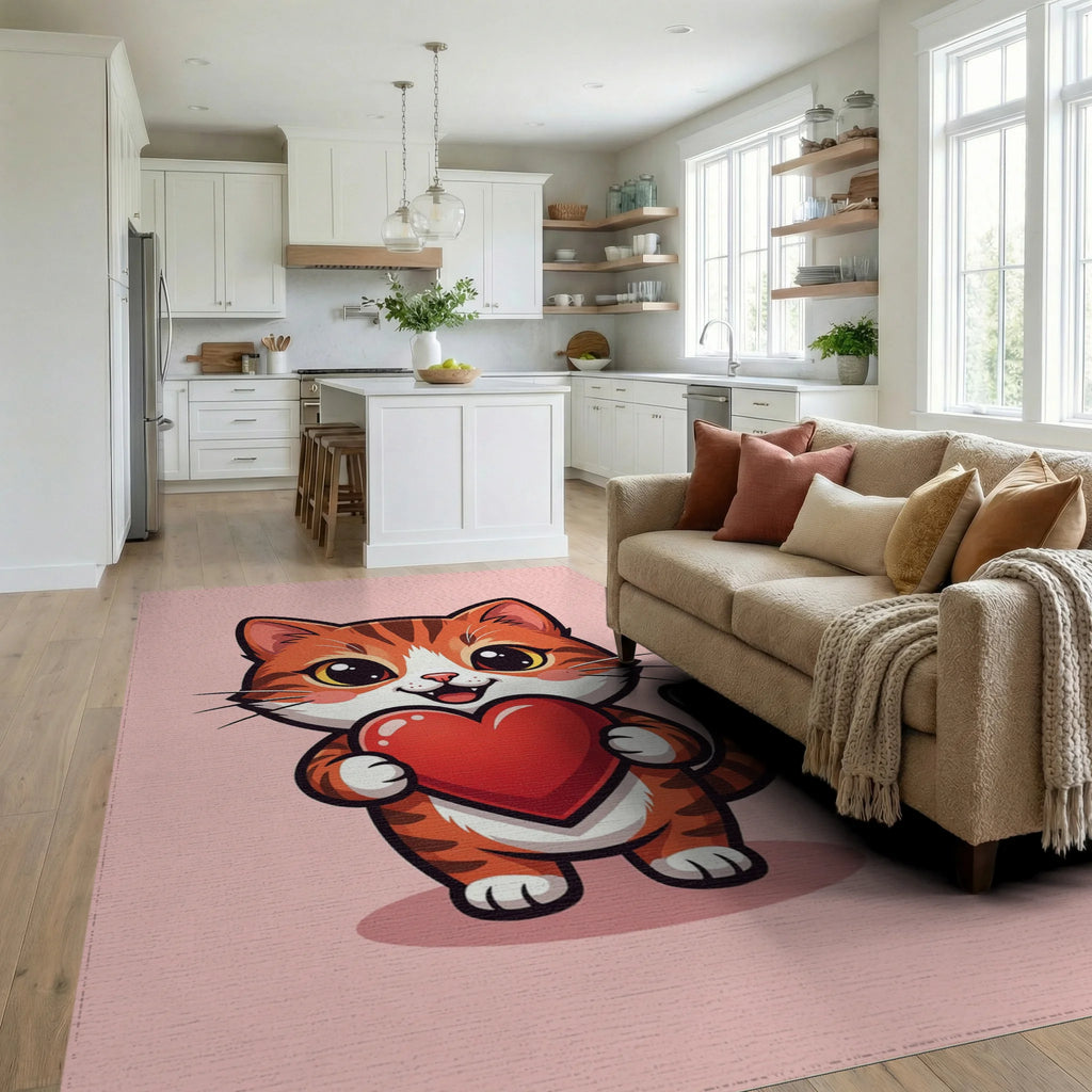 Adorable Orange Tabby Holding Red Heart Rug Living Room View
