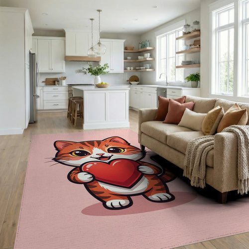 Adorable Orange Tabby Holding Red Heart Rug Living Room View
