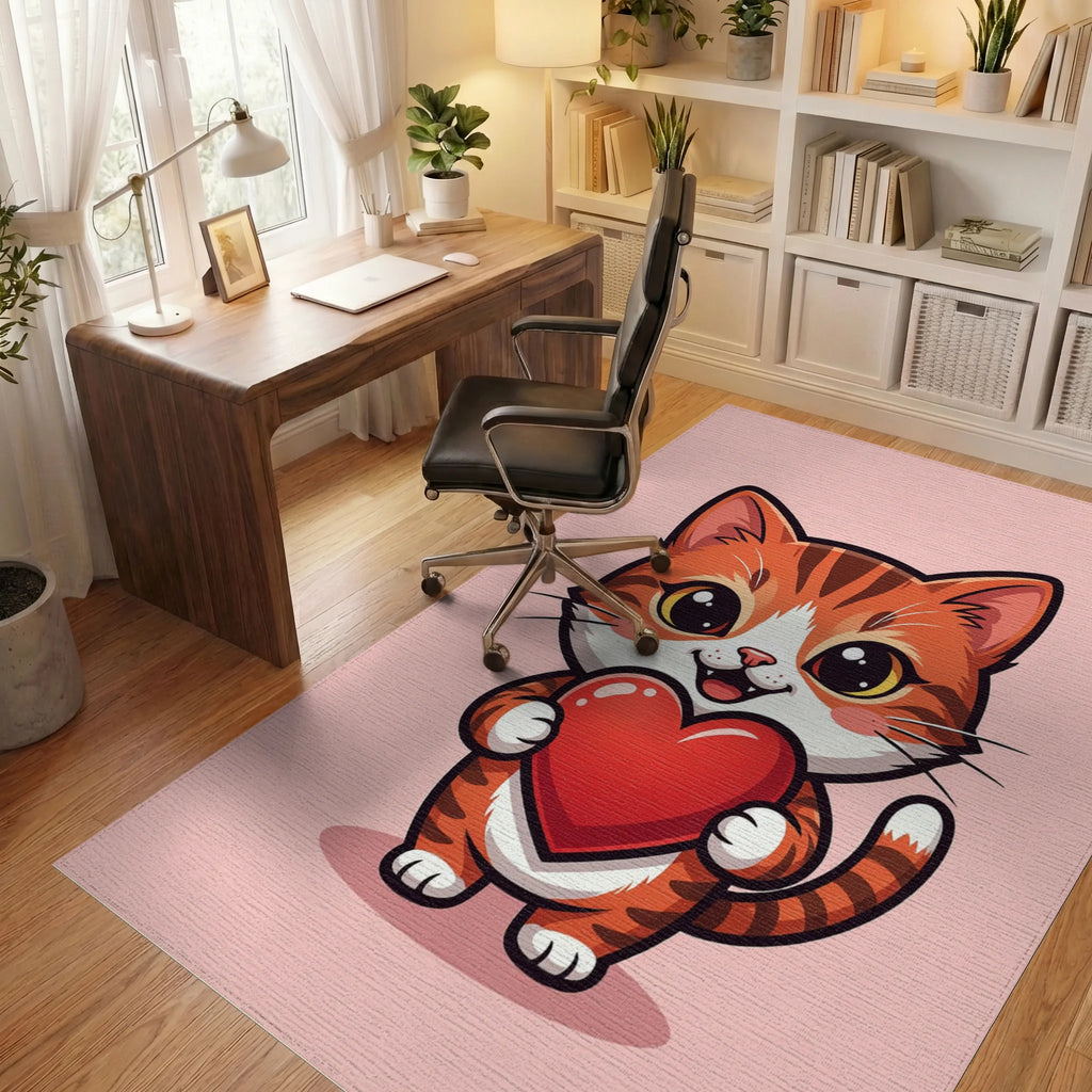 Adorable Orange Tabby Holding Red Heart Rug Office View