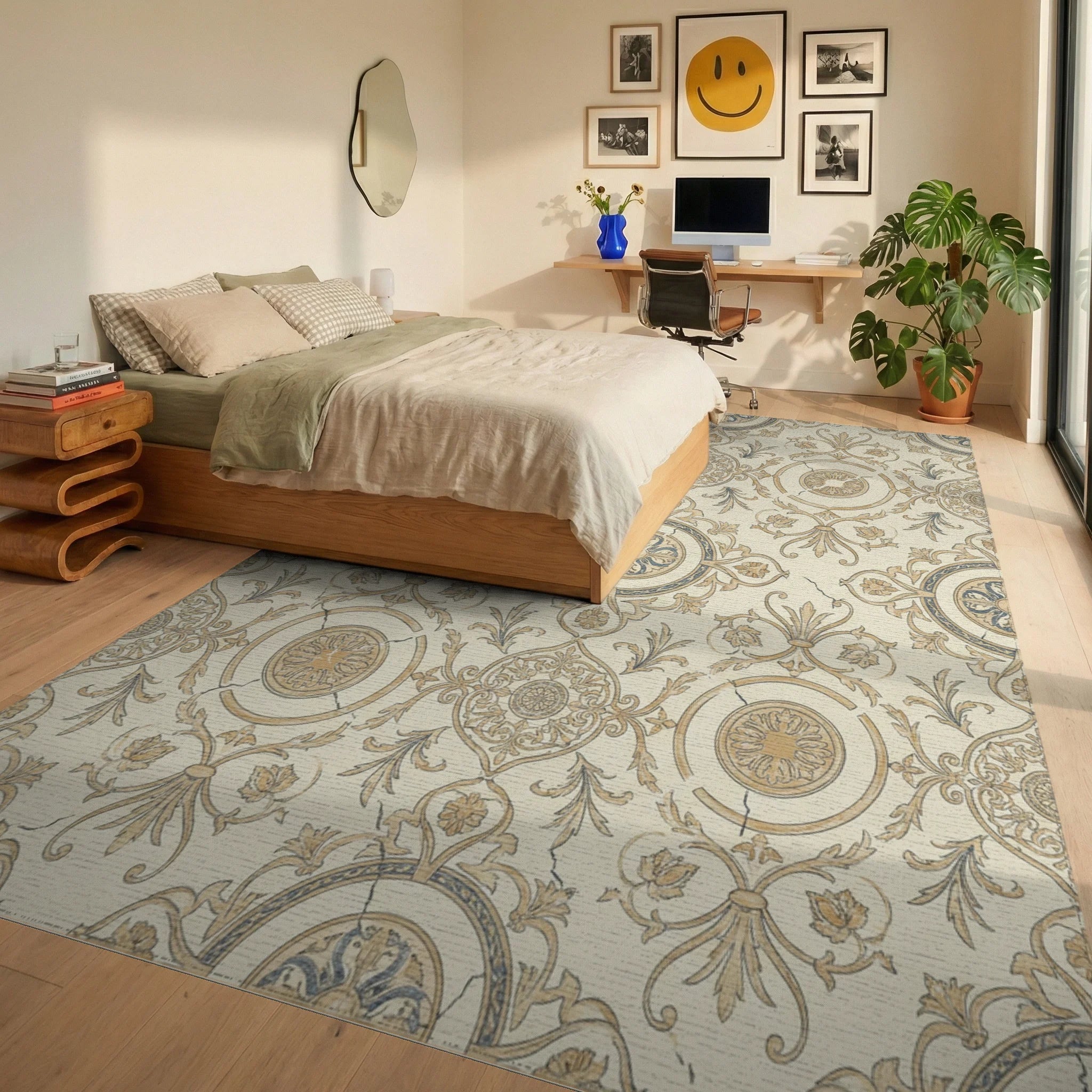 Aged Cream Gold Medallion Scrollwork Repeating Rug Bedroom View
