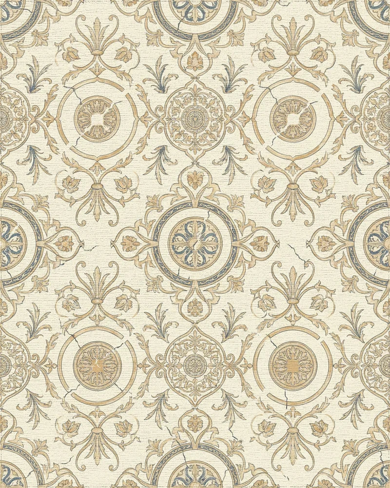 Aged Cream Gold Medallion Scrollwork Repeating Rug - Cutout View