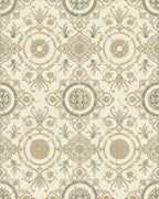 Aged Cream Gold Medallion Scrollwork Repeating Rug - Cutout View